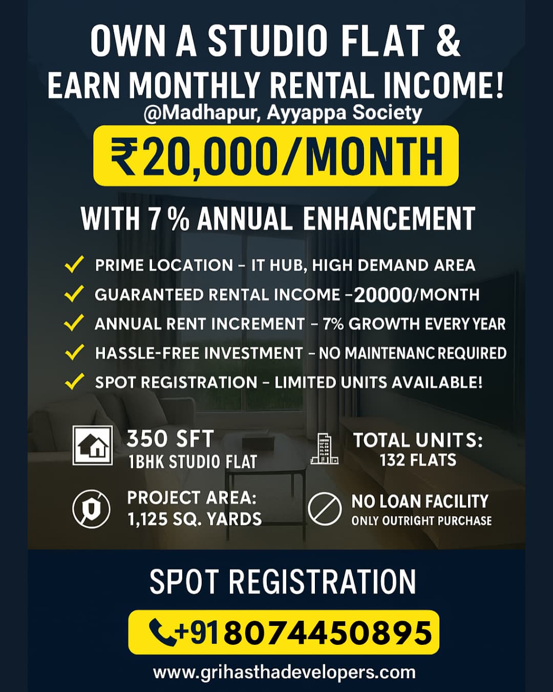 Own a Studio Flat & Earn Monthly Rental Income Flat for  sale At Madhapur