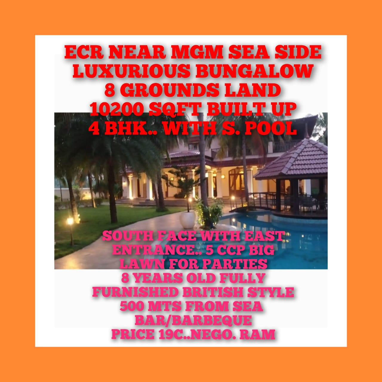 Sea Side Luxurious Bungalow For Resale At ECR Near MGM Muthukadu Tamil Nadu