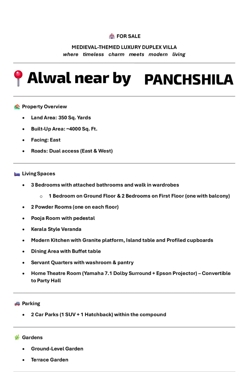 Luxury Villas For Sale At Alwal Near By Panchashila