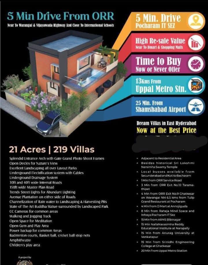 HMDA & RERA Approved Villas For Sale @ East Hyderabad Beside ORR Near Bacharam