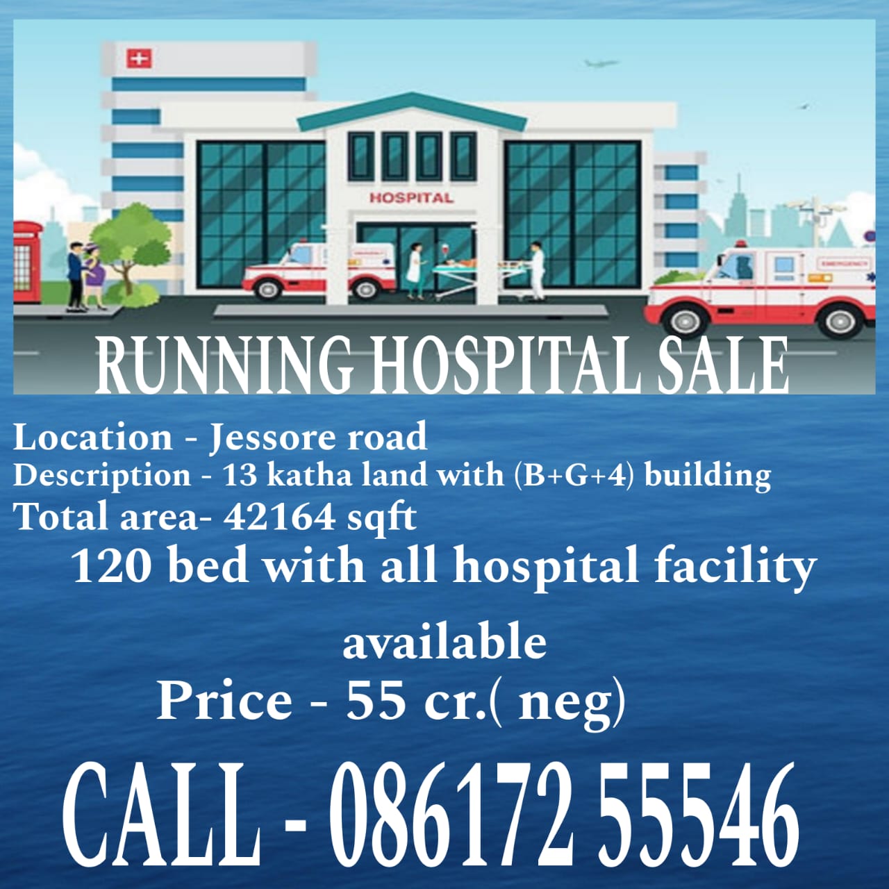 Running  120-Bed Hospital For Sale on 13 Katha Land, Jessore Road Kolkata