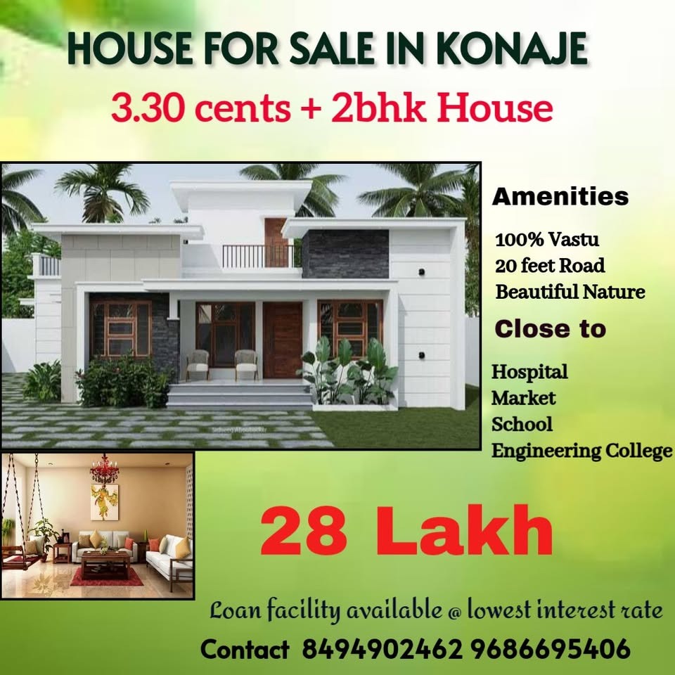 2BHK House with 3.30 Cents Land For Sale in Konaje, mangalore