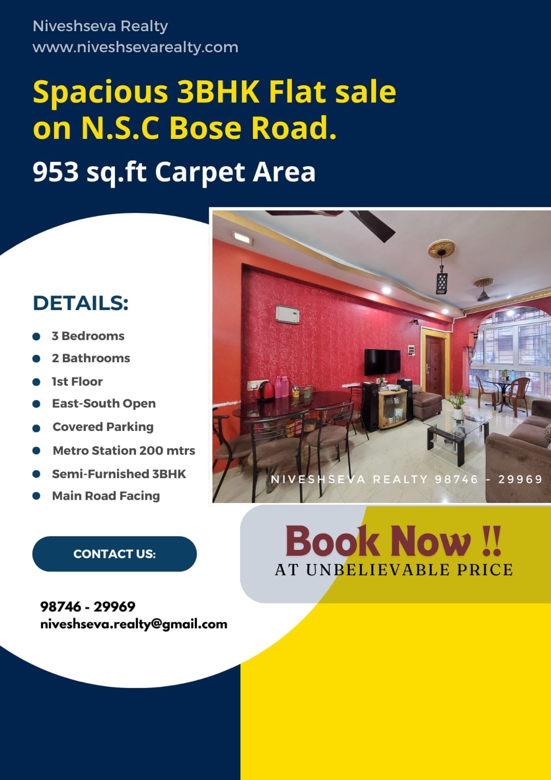 A Semi-Furnished 3BHK Flat of 953 sqft Carpet Area for Sale at Naktala, on N.S.C Bose Main Road