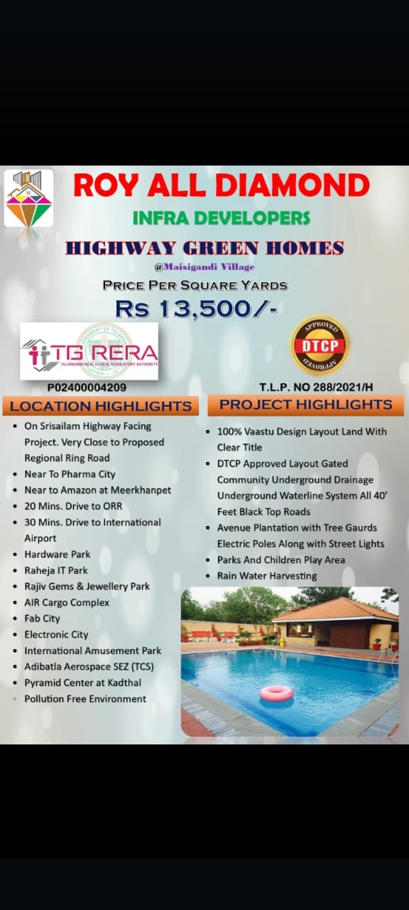  Residential Plots for Sale in ROY ALL DIAMOND, Highway Green Homes, Kadthal